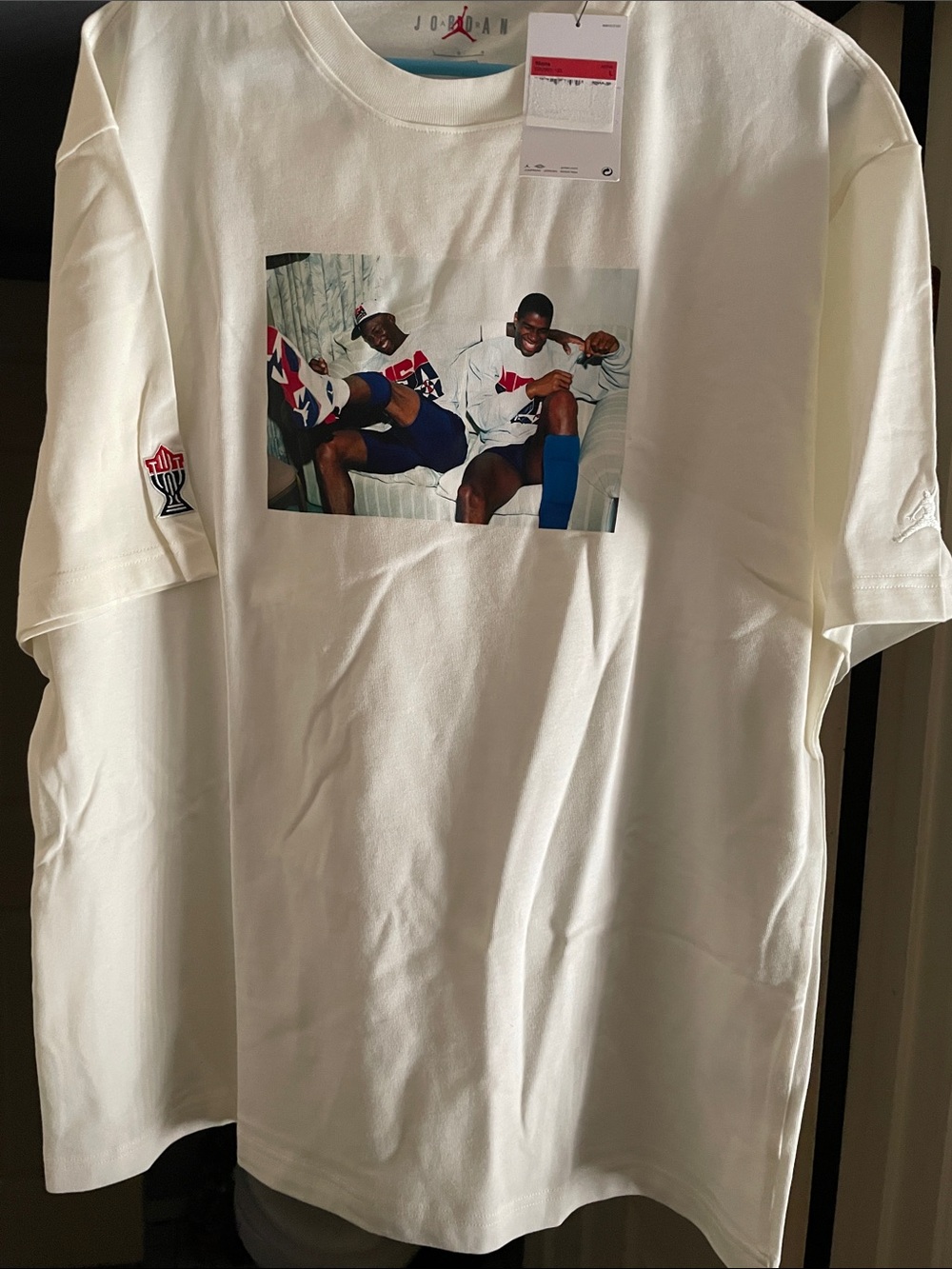 Jordan White Crewneck Tee with Multi-Color Photo Print